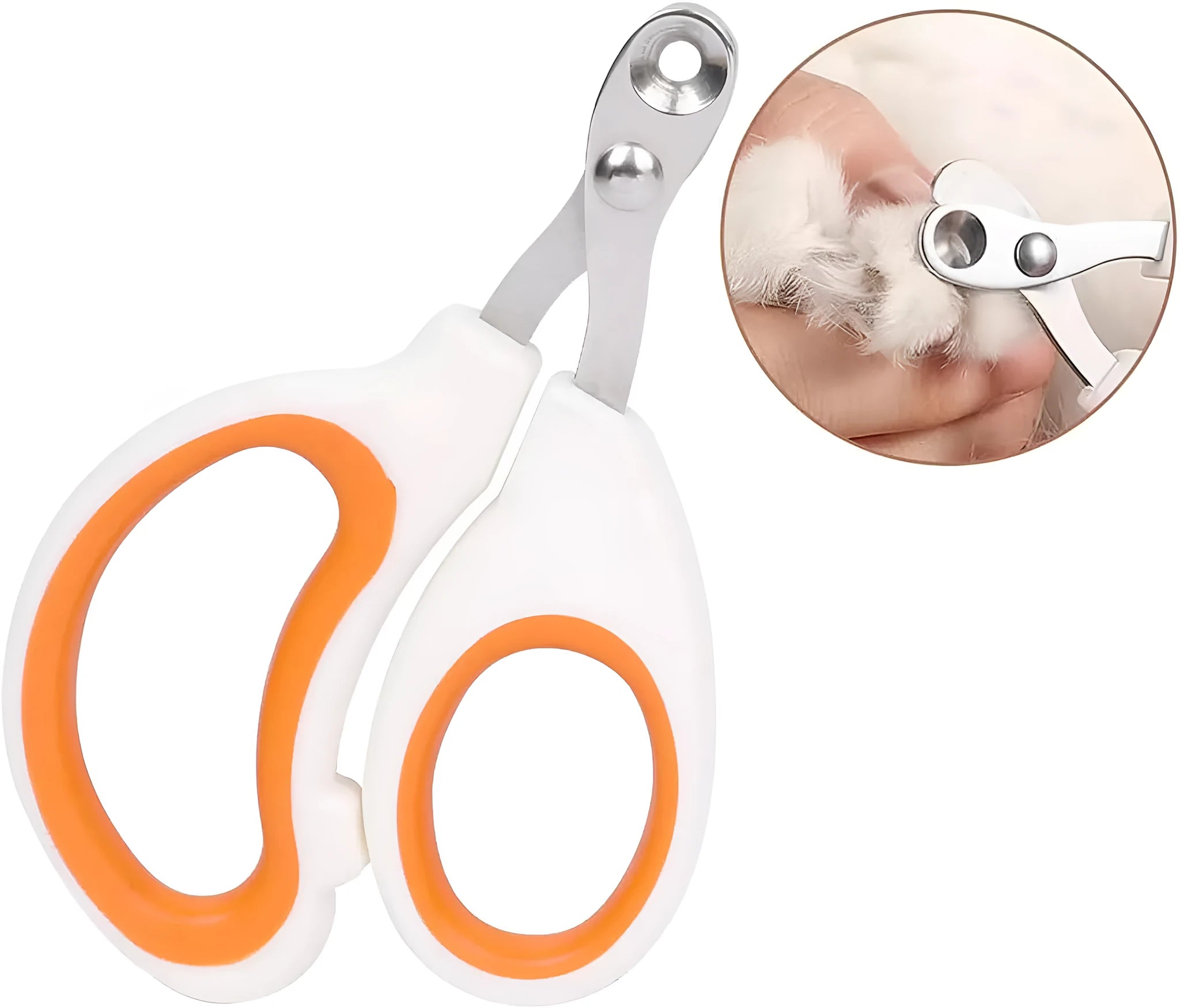 Blue pet nail clippers with circular cut hole and non-slip handles on a white background.