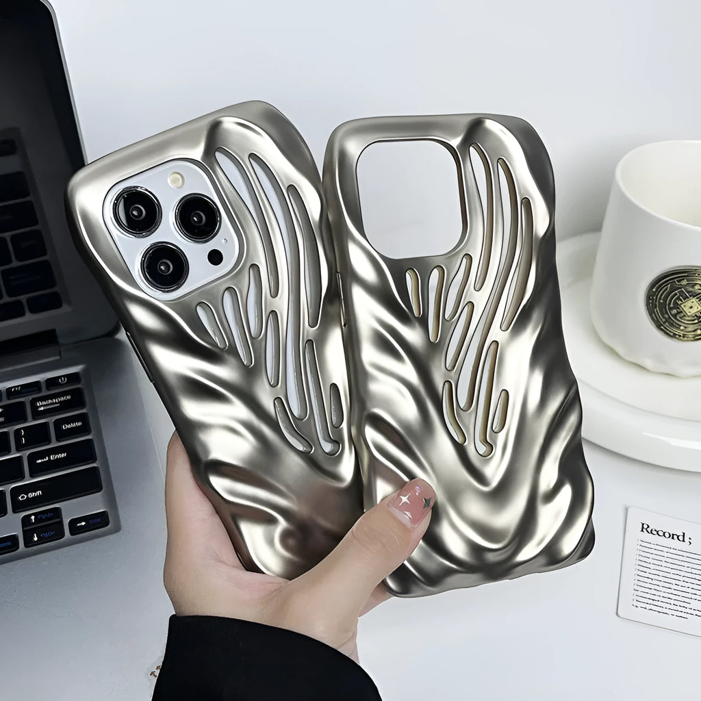 Matte titanium gray TPU phone case with three-dimensional hollow wave pattern and electroplating finish