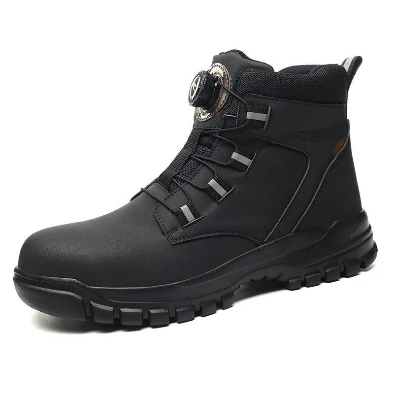 JK682 model leather upper safety shoes with rubber sole, shown in black, yellow, and grey colour options.