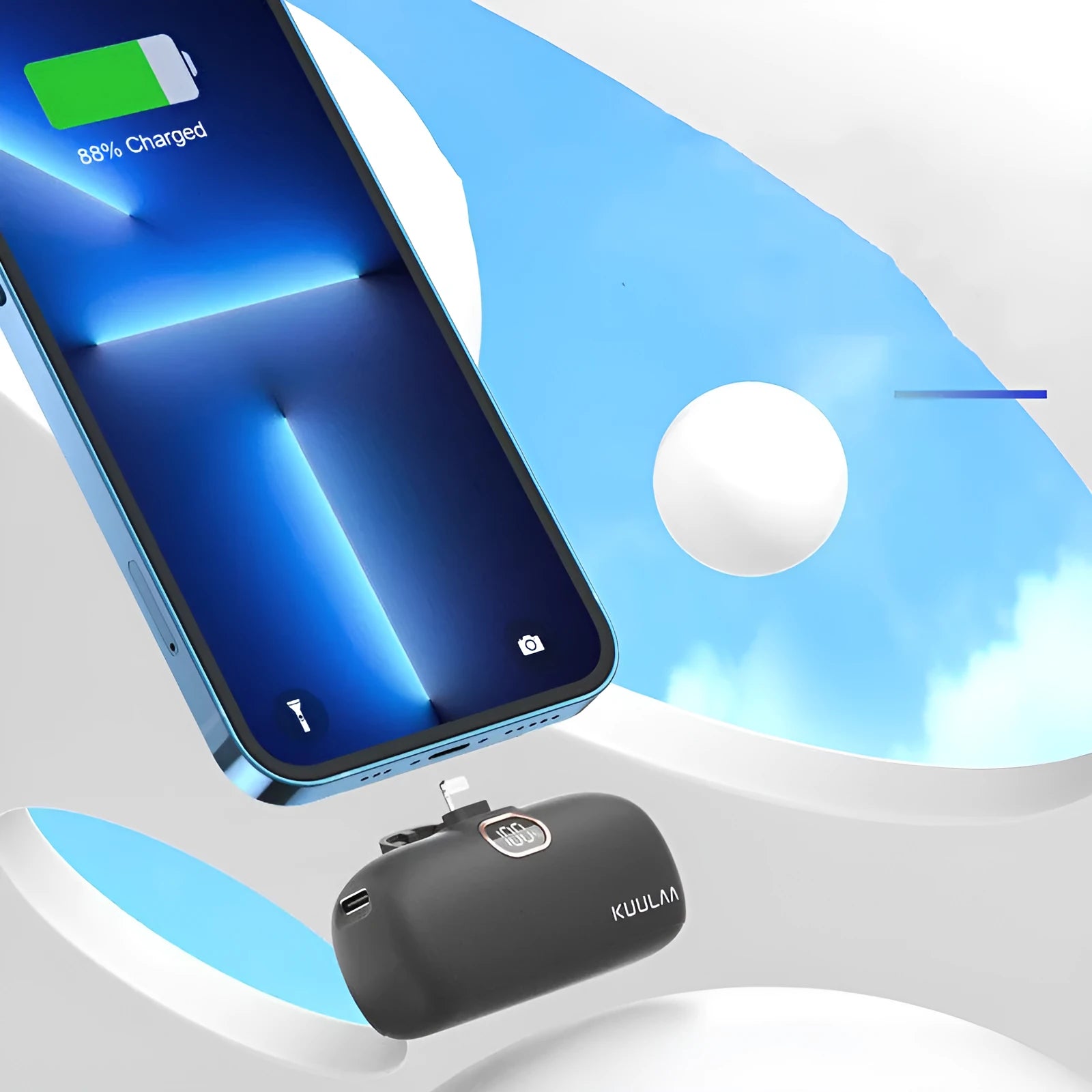 Cylindrical alloy power bank with built-in charging interface and LCD display, in black, white, or purple.