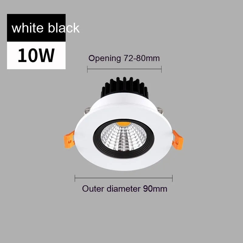 LED embedded ceiling spotlight with aluminium housing showing three colour temperature options and hole size measurements