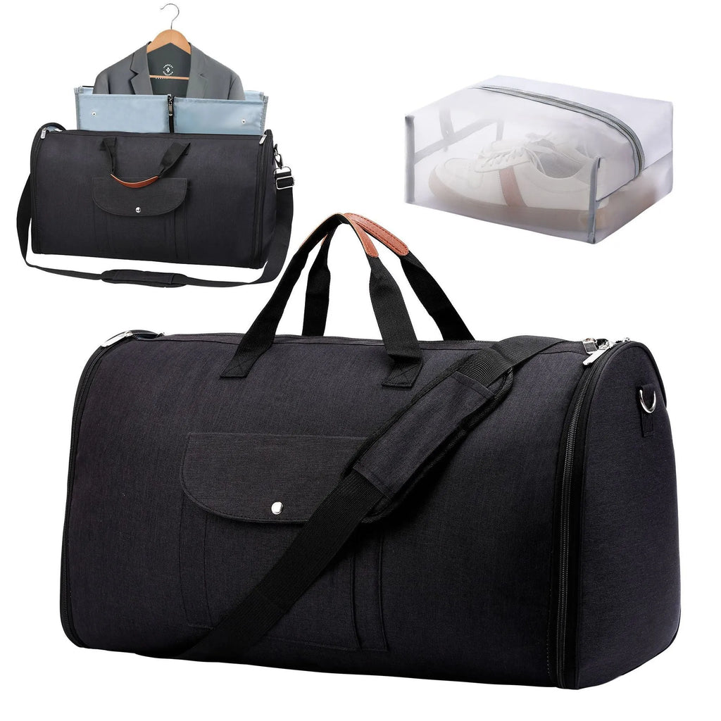 Dark blue folding duffel bag made of Oxford cloth for travel and gym use.