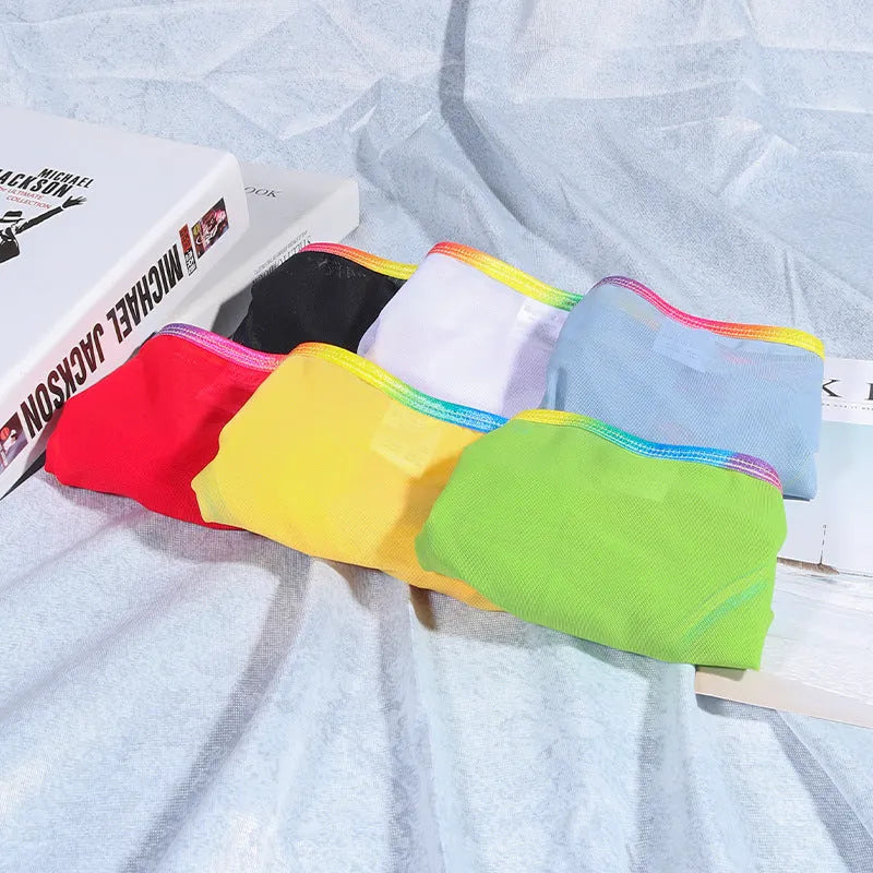 Mesh transparent women's briefs in multiple colours showing knitted nylon fabric.