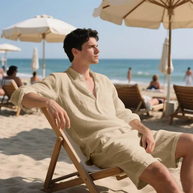 Men's linen beach suit showing long sleeve shirt and matching shorts in light blue colour