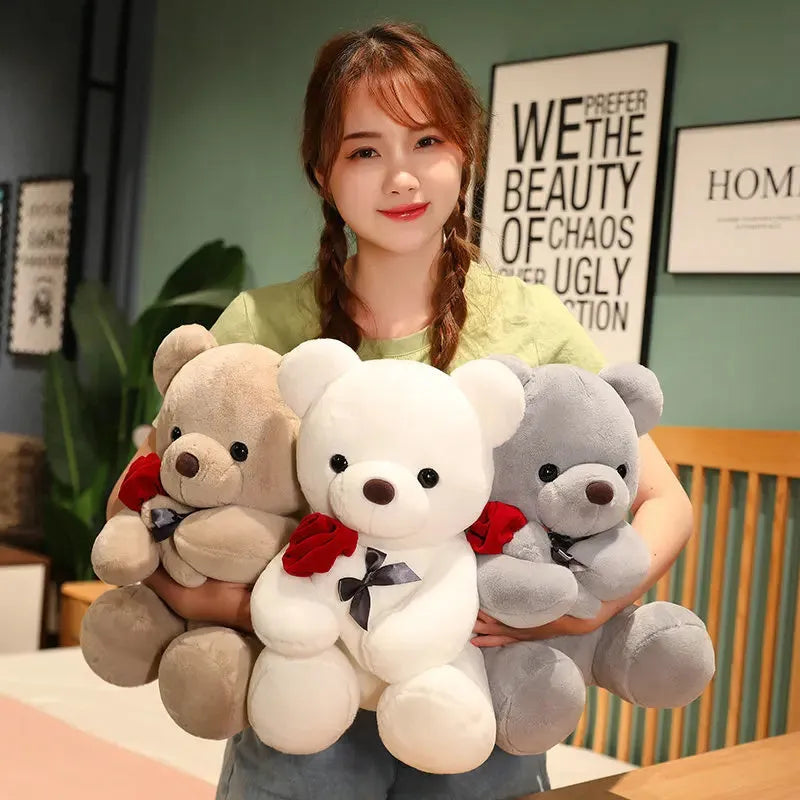 Soft plush teddy bear doll in beige, brown or grey with PP cotton filling, showing 23cm to 45cm size options