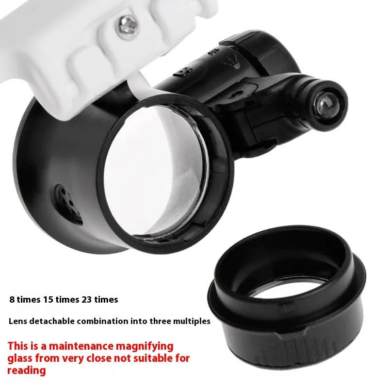 White foldable head-mounted magnifying glass with LED light for close-up repair work.