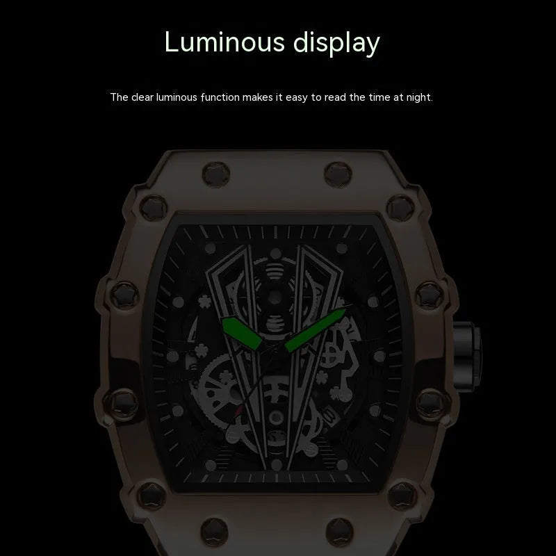Men's sports waterproof quartz watch black rubber strap barrel dial mineral glass