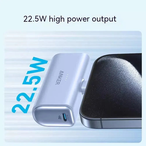 Capsule-shaped 5000mAh power bank in multiple colours showing compact 77x36x25mm size with Type C port