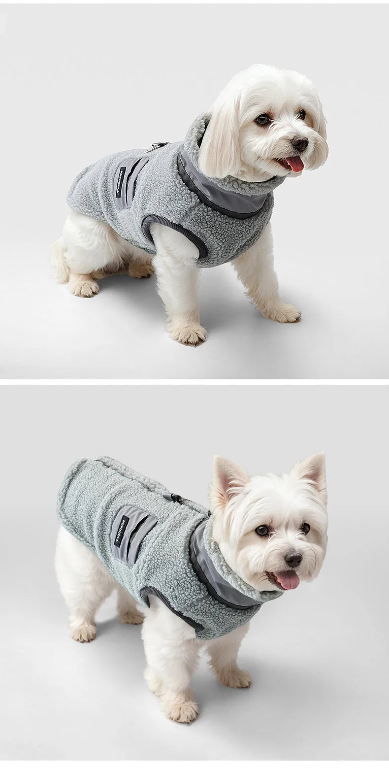 Grey lambswool traction vest for small to extra large dogs, front view