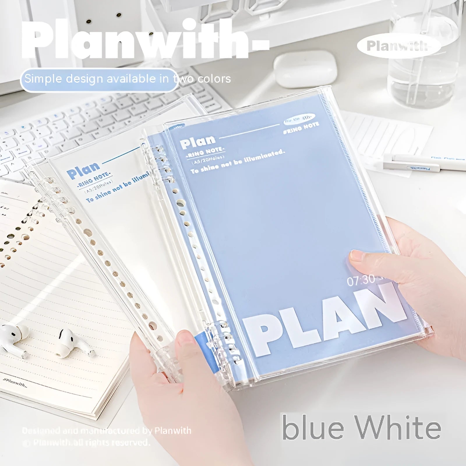 Clear A5 PVC storage folder for spiral notebooks in white or blue colour