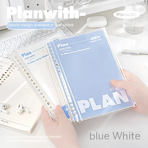 Clear A5 PVC storage folder for spiral notebooks in white or blue colour