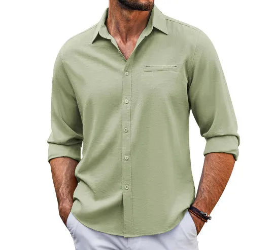 Men's grey casual long sleeve button-up shirt with polo collar and lace-trimmed chest pocket.