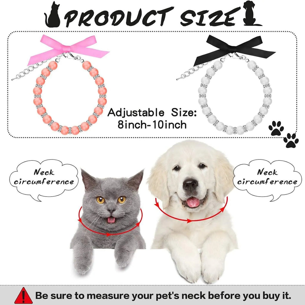 Small dog wearing an adjustable blue imitation pearl and rhinestone necklace with a ribbon bow.