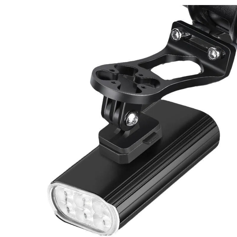 Aluminium alloy bicycle headlight showing six XPT lamp beads, USB Type-C port, and quick release mounting bracket