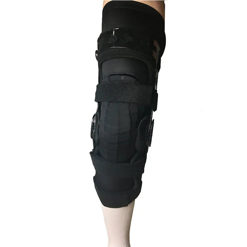 Black hinged knee pad and supporter for anterior ligament, shown with iron and plastic side hinges.