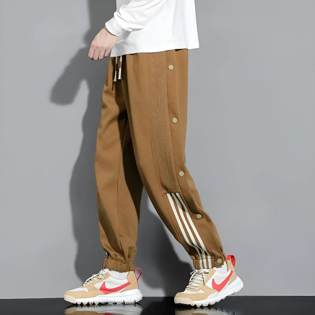 Men's loose fit cotton blend sweatpants with ankle ties and high waist elastic drawstring