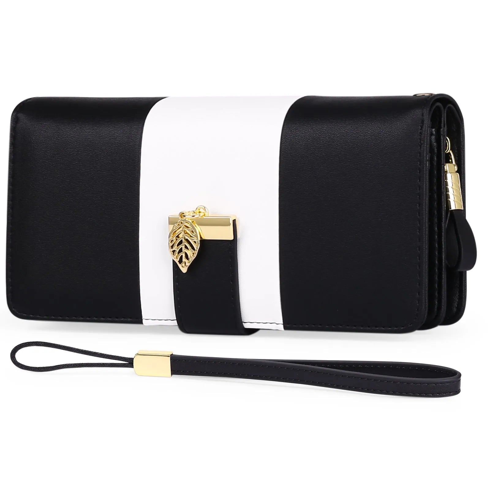 Midnight black PU leather anti-theft clutch bag with zip open, showing fold-out wallet section and microfiber lining.