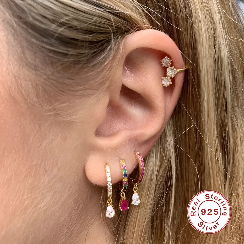 S925 sterling silver geometric water drop earrings in gold or silver tone with crystal/diamond accents.