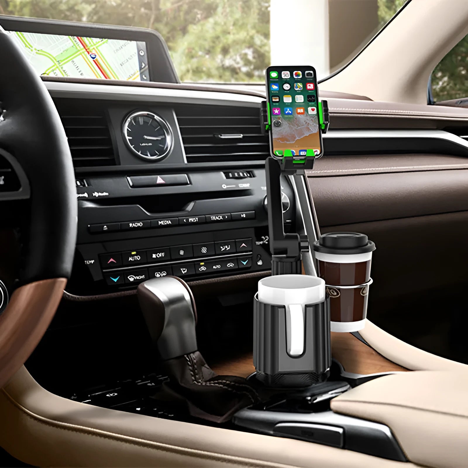 Green car dashboard drink and mobile phone holder made of ABS/PC plastic on a car interior.