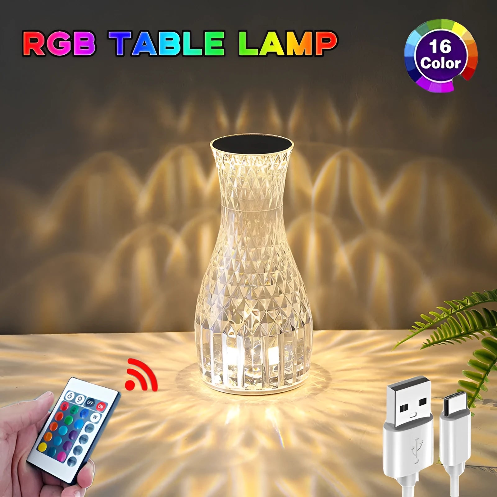 Vase-shaped crystal table lamp with diamond-like LED lighting on wooden surface