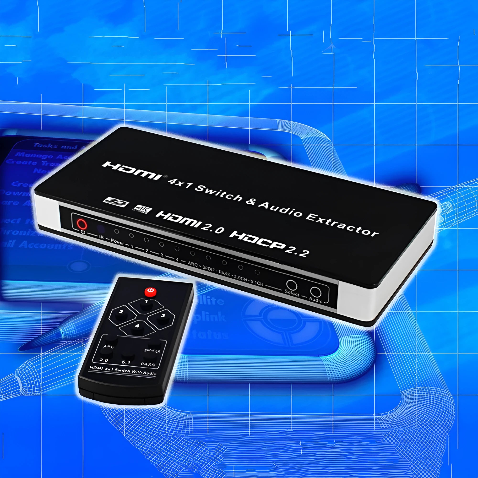 Black HDMI switch with remote control showing four input ports and one output port