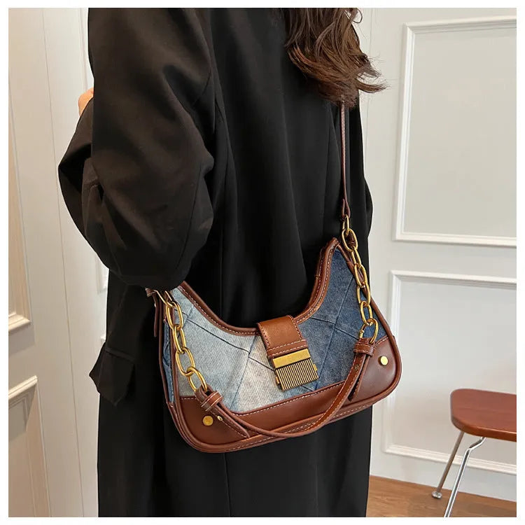 Brown denim women's shoulder bag with diamond chain detail and bucket shape