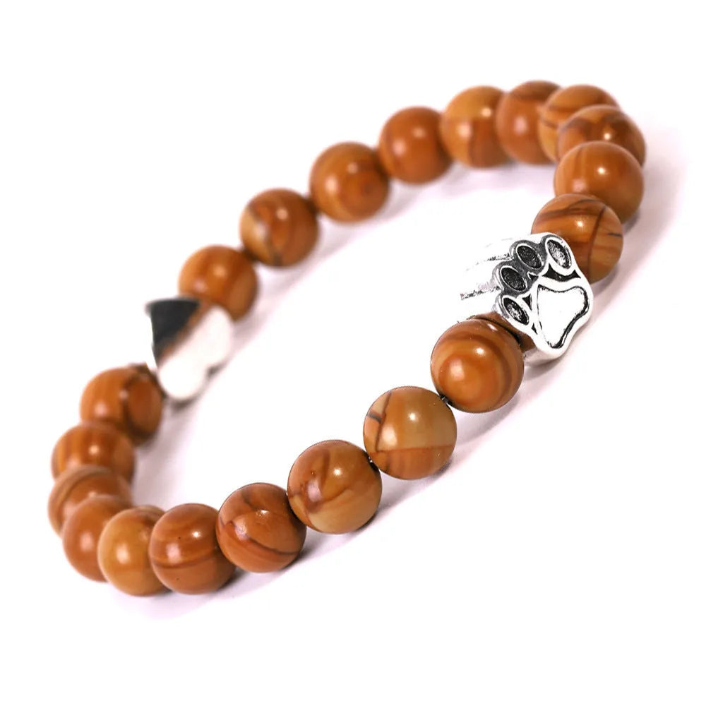 Tigereye Indian Agate stone bracelet shaped like a dog's paw with an engraved love heart.
