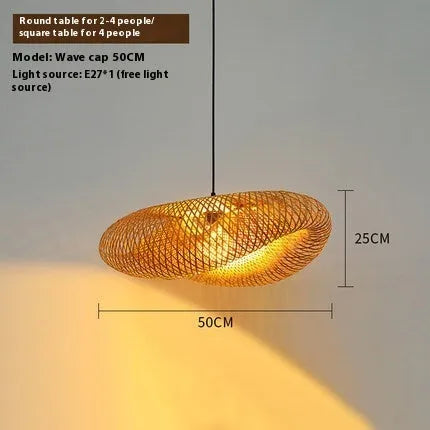 Woven bamboo straw hat-shaped hanging lamp chandelier in natural material showing textured ceiling pendant light fixture