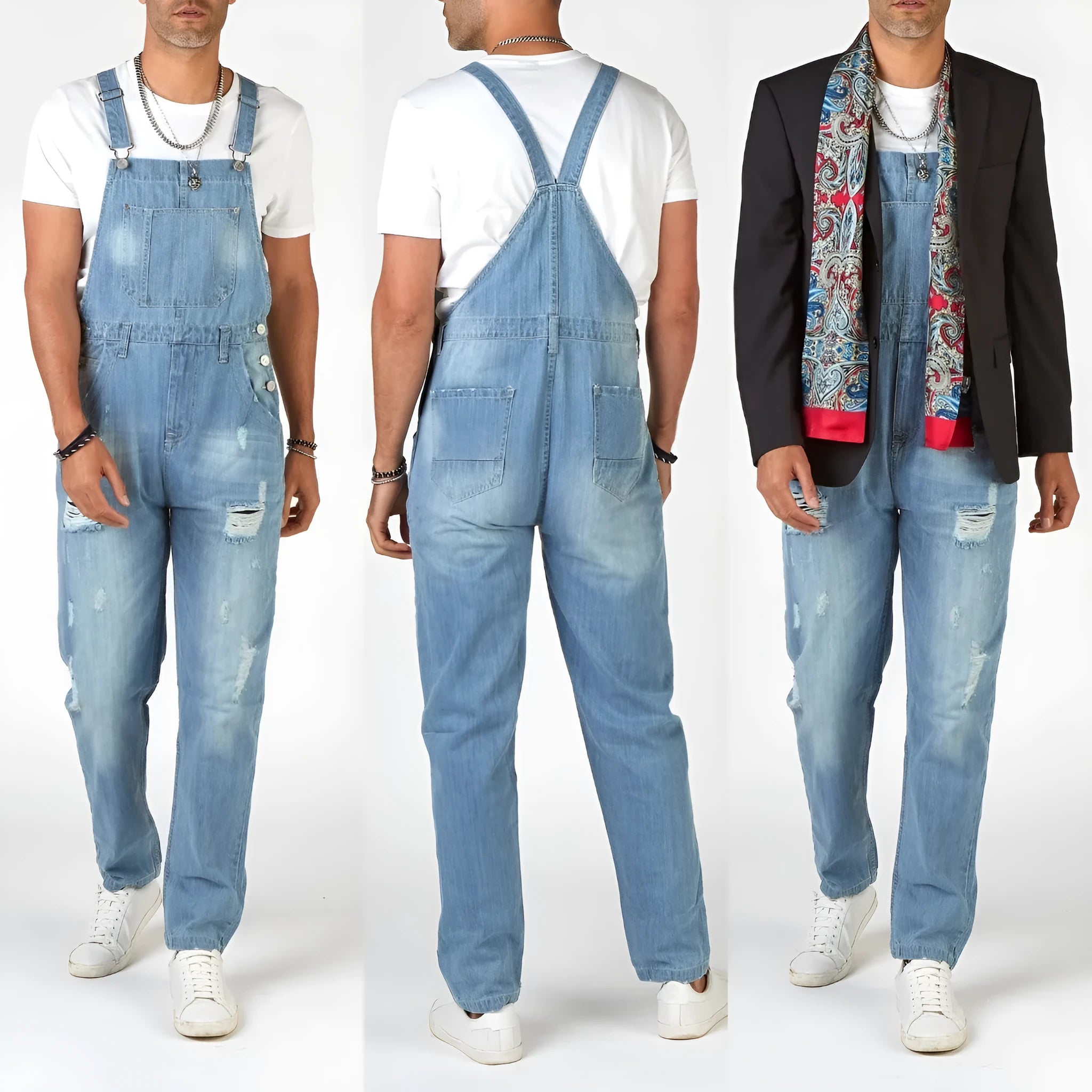 Light blue ripped denim suspender jeans for men on a hanger, showing high waist and button fastenings.