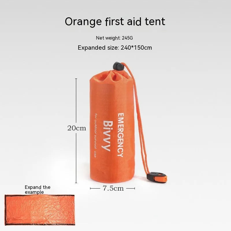 Orange portable disaster relief roof tent with emergency blanket, dimensions 240cm by 150cm