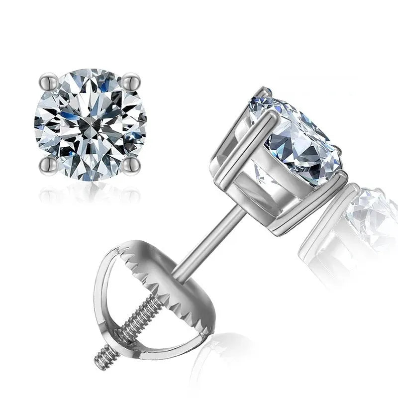 Women's silver moissanite screwback stud earrings with geometric shape and four-claw setting