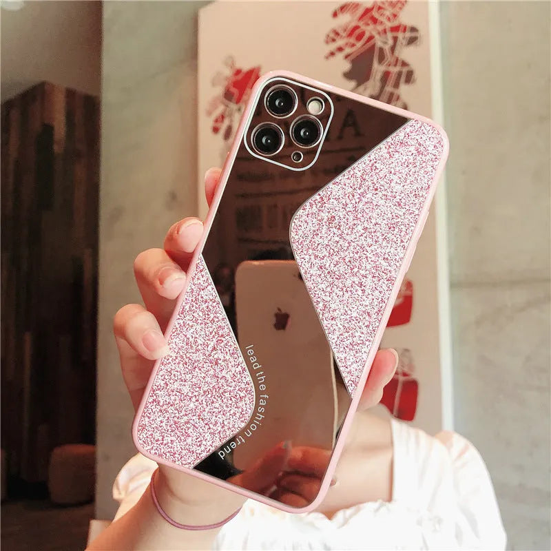 Glitter mirror phone case with rhinestone decoration for Apple iPhone in black, blue and pink colour options