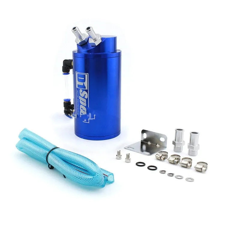 Car modification oil catch tank in choice of black, blue, red, or silver colour with square or round design