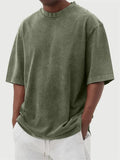 Men's stone-washed loose-fit pullover T-shirt in army green distressed solid colour
