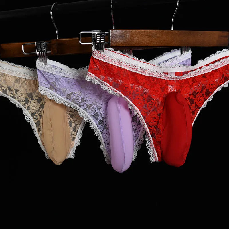 Men's lace brief underwear with vertical pouch design in multiple colour options