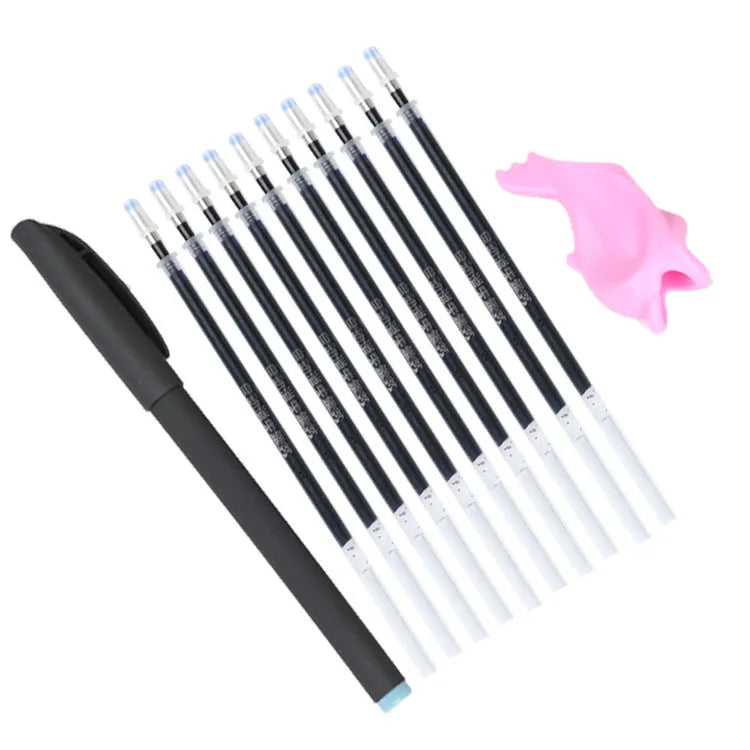 Set of eight blue ink pen refills with 0.5mm tips, a spare pole, and a plastic pen holder.