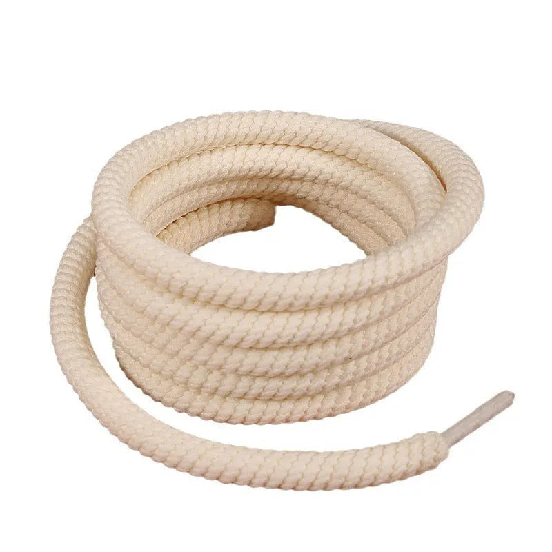 Round woven shoelaces in white, beige, and black colours showing thickness options