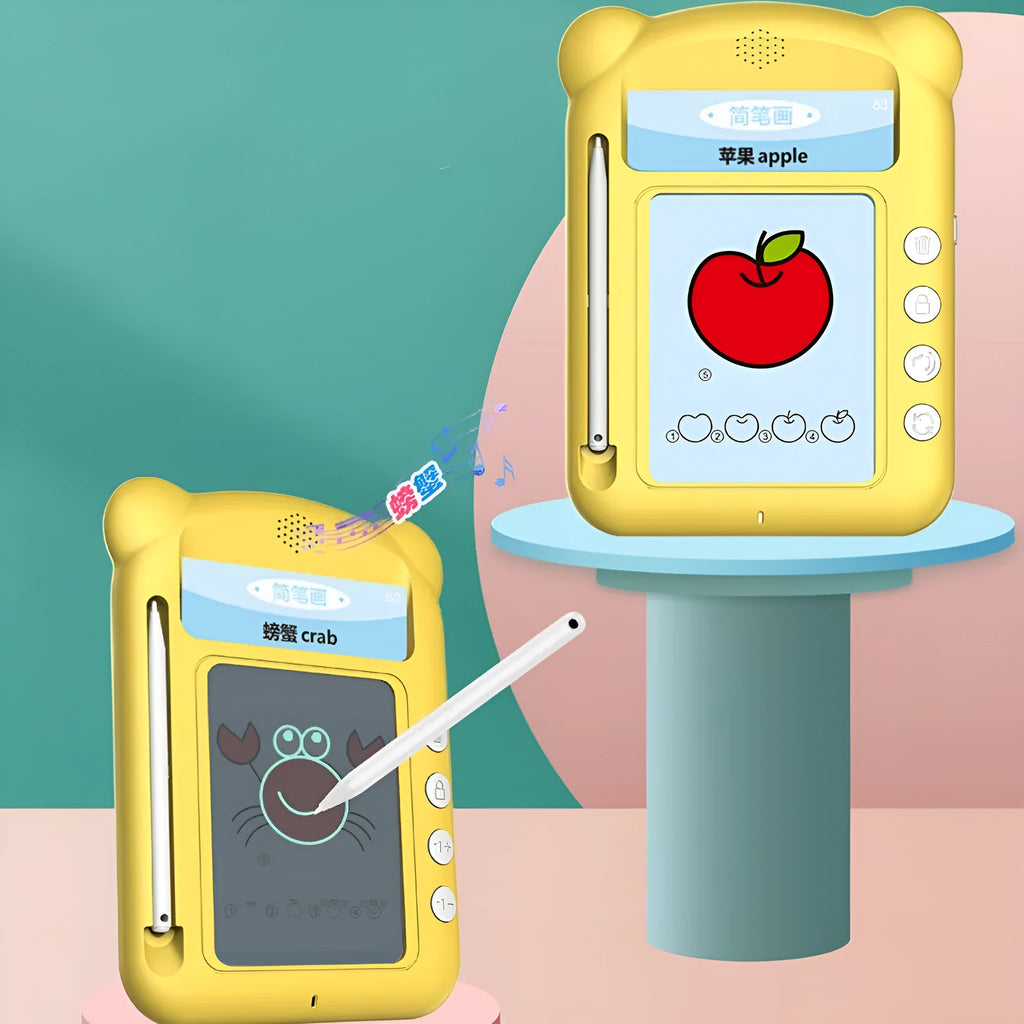 Yellow bilingual early learning machine with educational cards for letter and Chinese character practice