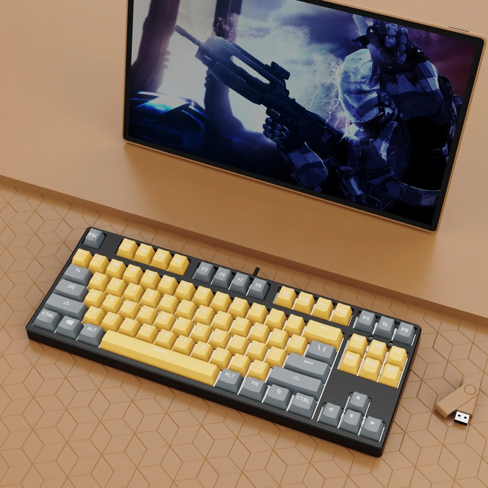 87-key wired mechanical keyboard with two-tone keycaps, shown with switch puller and cleaning brush