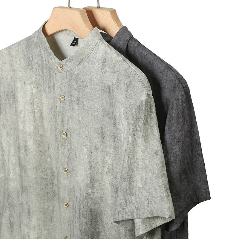 Men's loose fit linen blend shirt with stand collar in black grey colour
