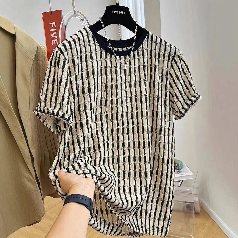Men's black striped linen silk blend short sleeve shirt laid flat showing loose casual fit