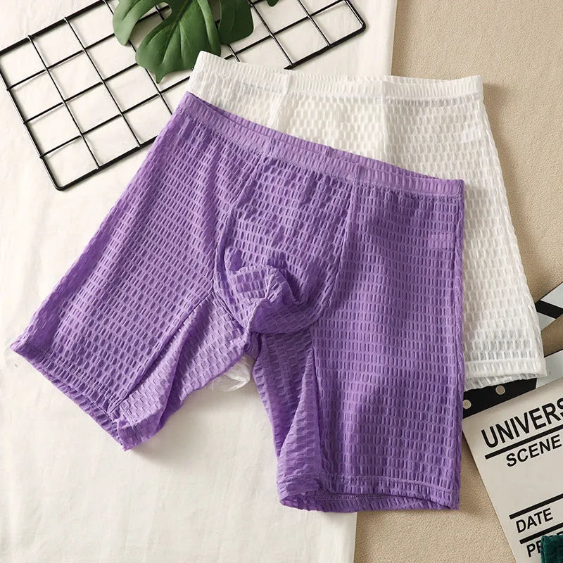 Men's solid colour lace boxer shorts with a hip lifting shaping design