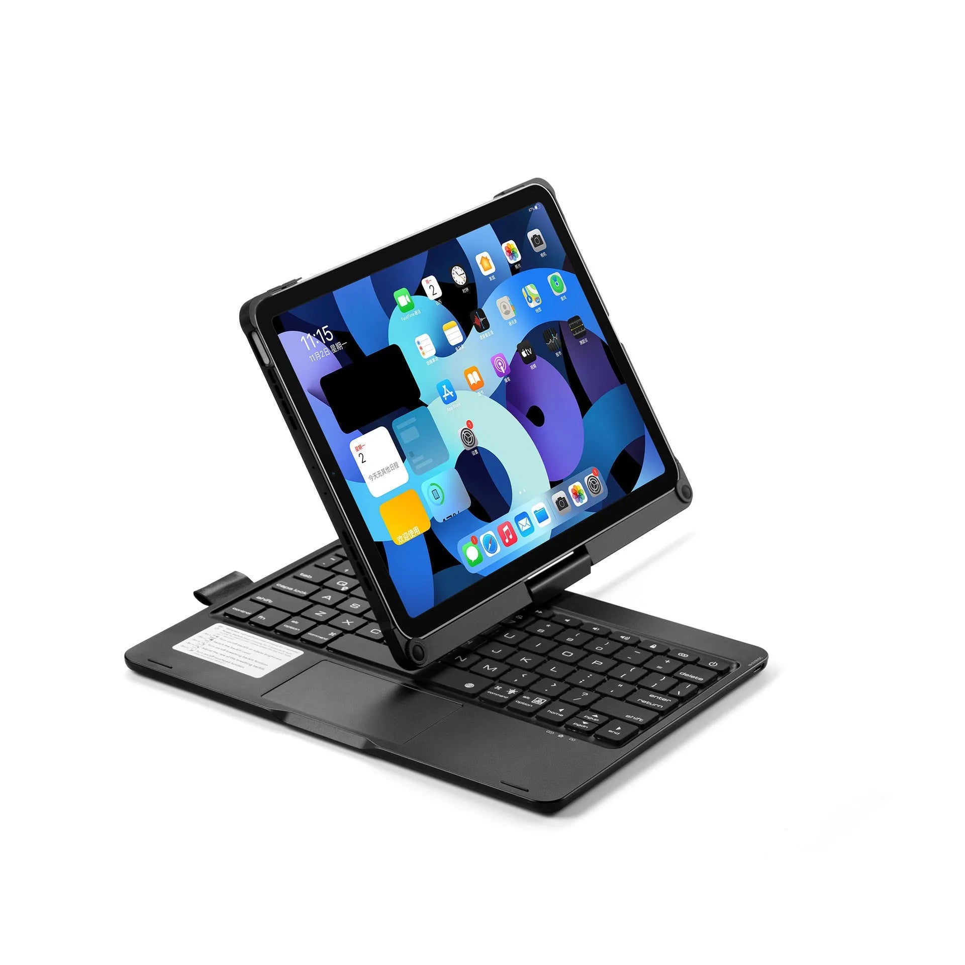 Black 360-degree rotating Bluetooth backlit keyboard case open with an iPad Pro inside, showing the typing angle.