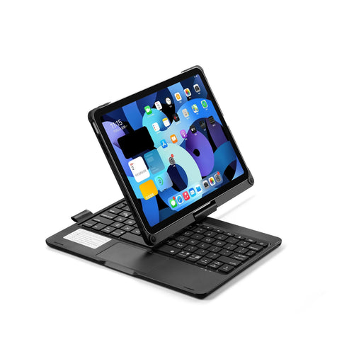 Black 360-degree rotating Bluetooth backlit keyboard case open with an iPad Pro inside, showing the typing angle.