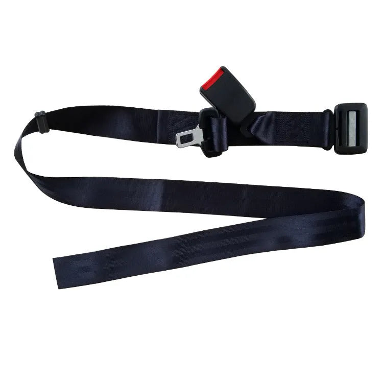 Adjustable black maternity car seat belt extension shown wrapped around a car seat.