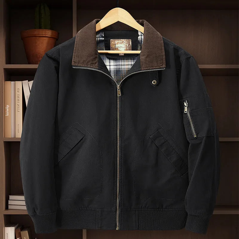 Men's plus size washed cotton baseball flight jacket in Army Green colour.