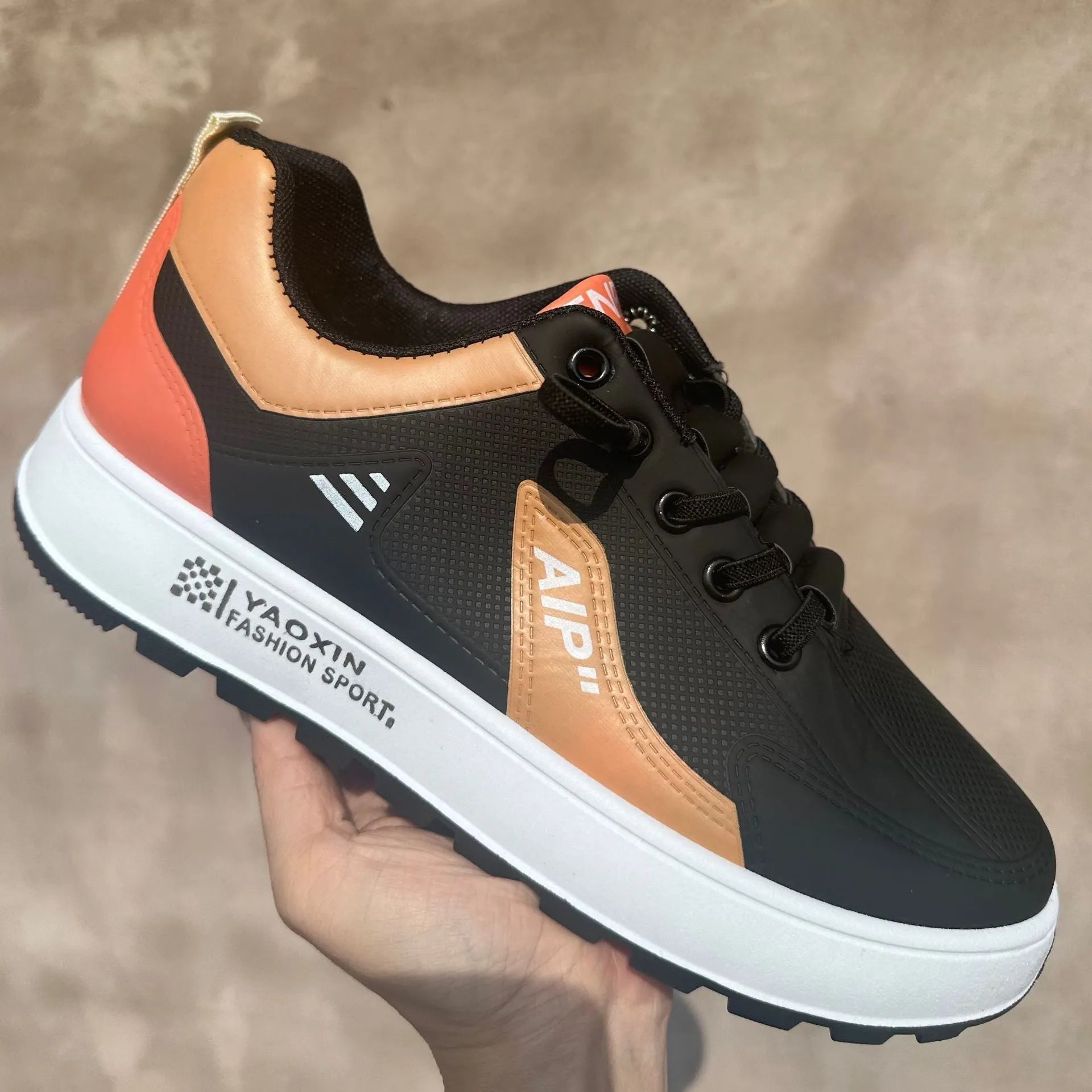 Men's white and orange casual sports shoes with round toe and PU upper