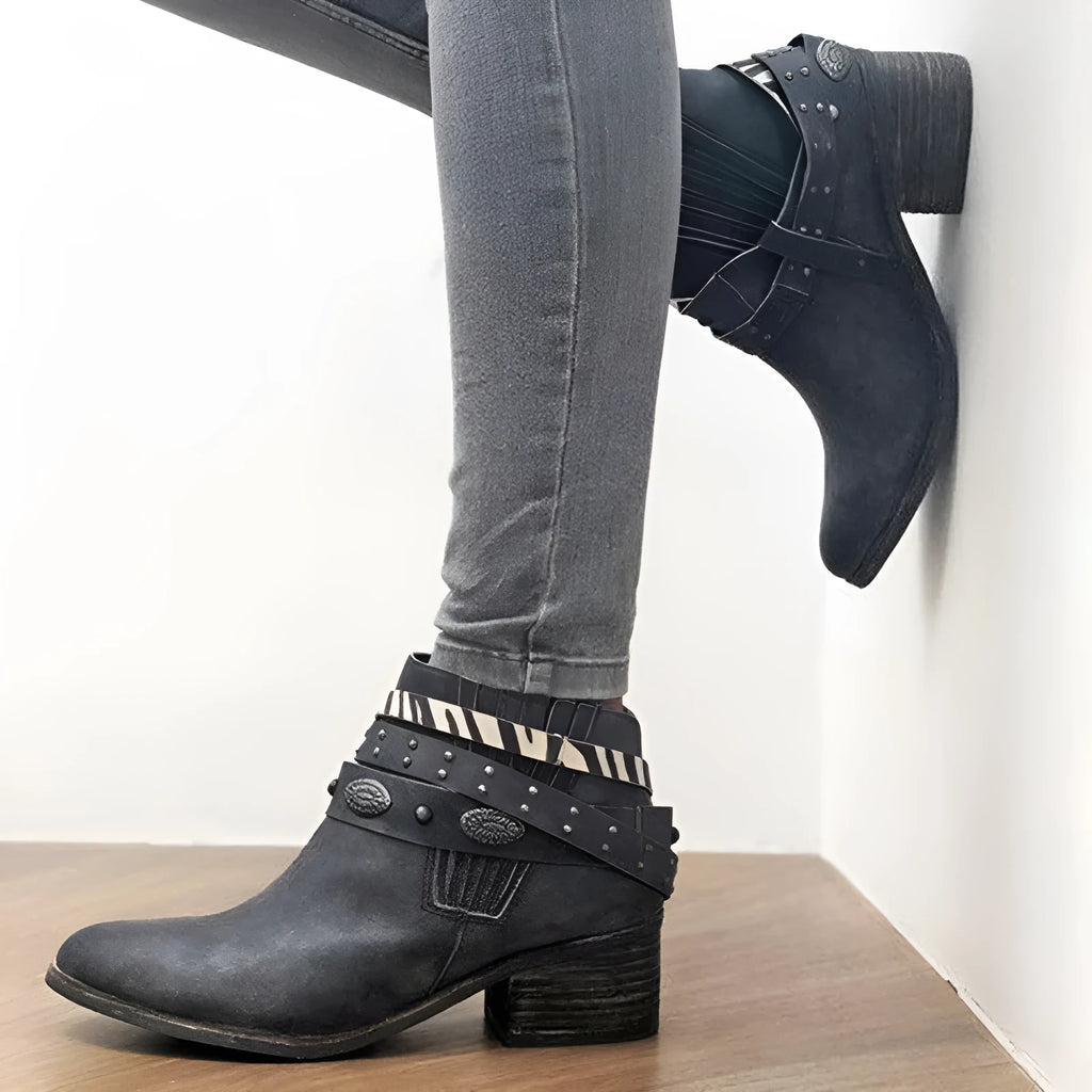 Vintage women's round toe thick heel shoes with tassels back tie in black artificial PU leather