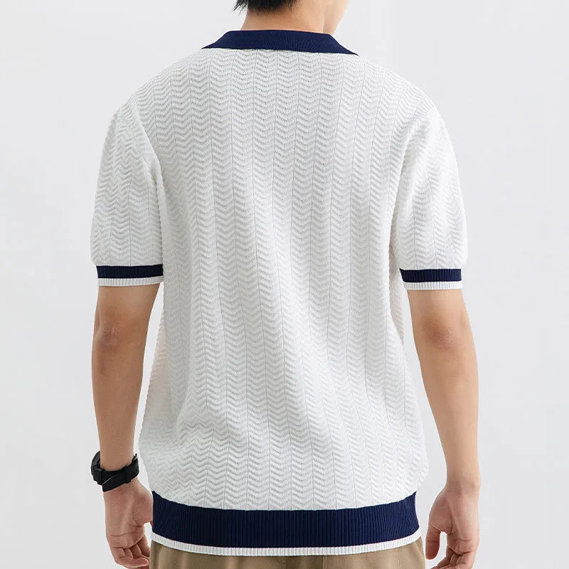 Men's ice silk striped polo shirt, short sleeve, slit detail, dark green camel black white, sizes M-3XL