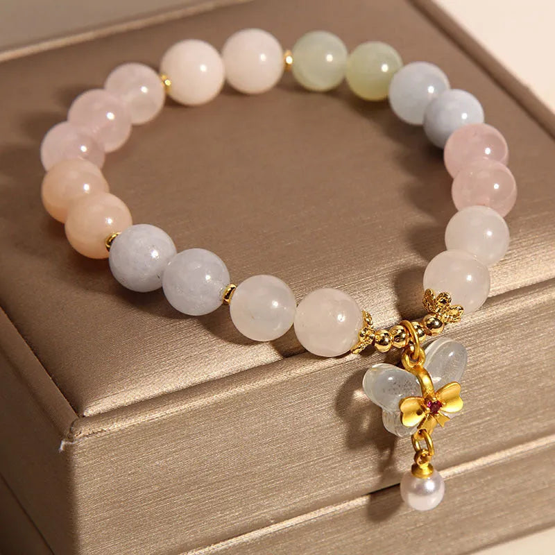 Natural morganite crystal bracelet with colourful butterfly pendant and adjustable chain